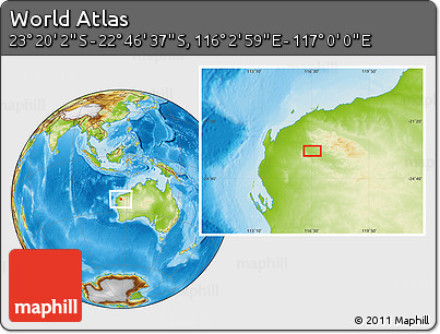 Physical Location Map of the Area around 23° 3' 19" S, 116° 31' 30" E