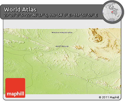 Physical 3D Map of the Area around 23° 3' 19" S, 117° 22' 30" E