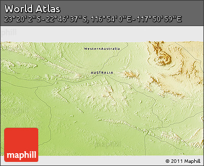Physical 3D Map of the Area around 23° 3' 19" S, 117° 22' 30" E