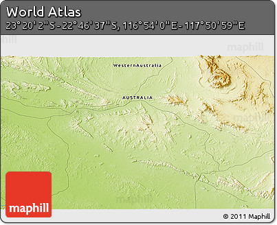 Physical 3D Map of the Area around 23° 3' 19" S, 117° 22' 30" E