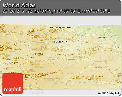 Physical 3D Map of the Area around 23° 3' 19" S, 119° 4' 29" E