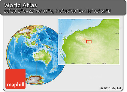 Physical Location Map of the Area around 23° 3' 19" S, 119° 4' 29" E