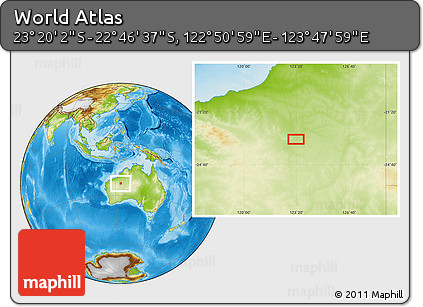 Physical Location Map of the Area around 23° 3' 19" S, 123° 19' 29" E