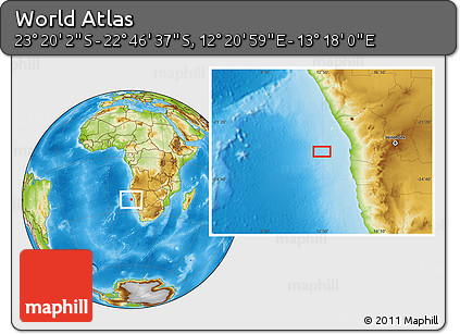 Physical Location Map of the Area around 23° 3' 19" S, 12° 49' 29" E