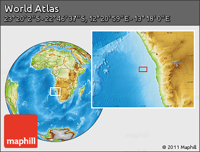 Physical Location Map of the Area around 23° 3' 19" S, 12° 49' 29" E