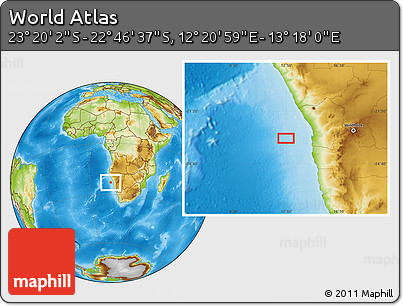 Physical Location Map of the Area around 23° 3' 19" S, 12° 49' 29" E