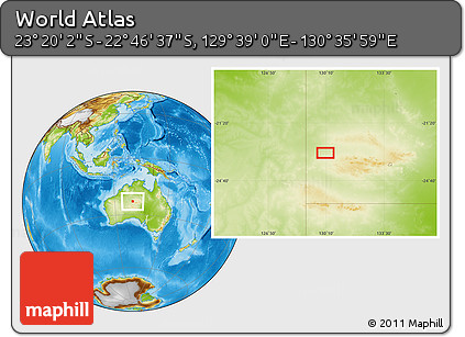 Physical Location Map of the Area around 23° 3' 19" S, 130° 7' 30" E
