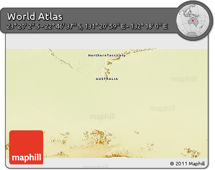 Physical 3D Map of the Area around 23° 3' 19" S, 131° 49' 29" E