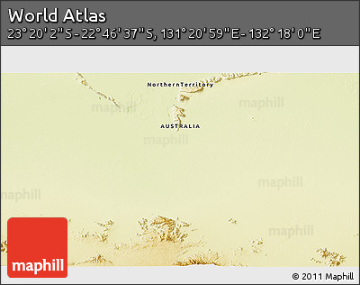 Physical 3D Map of the Area around 23° 3' 19" S, 131° 49' 29" E
