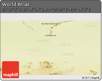 Physical 3D Map of the Area around 23° 3' 19" S, 131° 49' 29" E