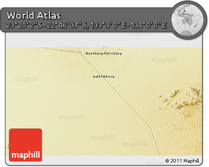 Physical 3D Map of the Area around 23° 3' 19" S, 133° 31' 30" E