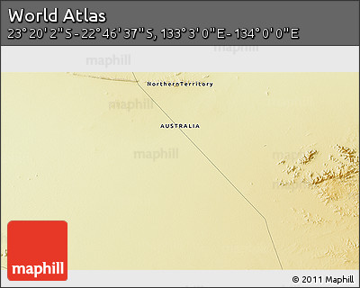 Physical 3D Map of the Area around 23° 3' 19" S, 133° 31' 30" E
