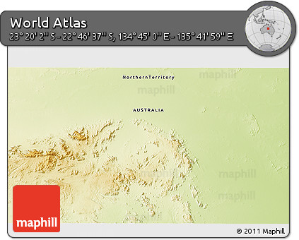 Physical 3D Map of the Area around 23° 3' 19" S, 135° 13' 29" E