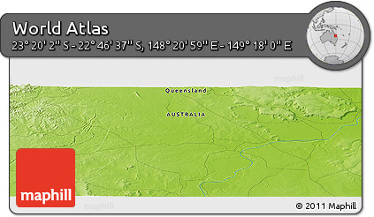 Physical Panoramic Map of the Area around 23° 3' 19" S, 148° 49' 29" E