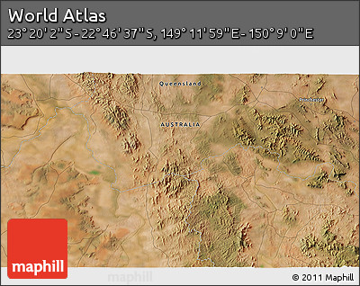 Satellite 3D Map of the Area around 23° 3' 19" S, 149° 40' 30" E