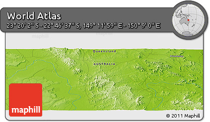 Physical Panoramic Map of the Area around 23° 3' 19" S, 149° 40' 30" E