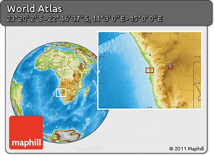 Physical Location Map of the Area around 23° 3' 19" S, 14° 31' 30" E