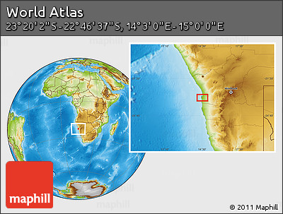 Physical Location Map of the Area around 23° 3' 19" S, 14° 31' 30" E