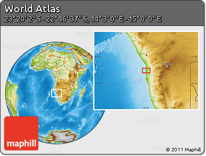 Physical Location Map of the Area around 23° 3' 19" S, 14° 31' 30" E