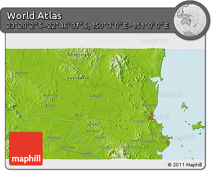 Physical 3D Map of the Area around 23° 3' 19" S, 150° 31' 30" E