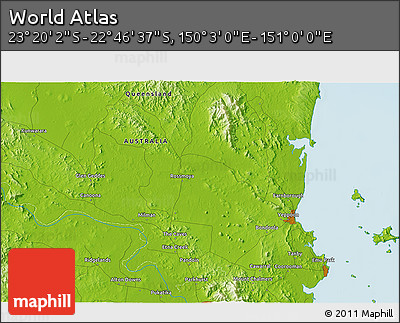 Physical 3D Map of the Area around 23° 3' 19" S, 150° 31' 30" E