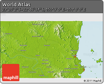Physical 3D Map of the Area around 23° 3' 19" S, 150° 31' 30" E