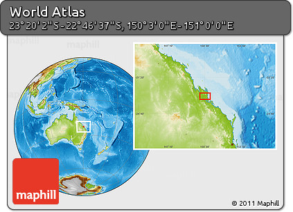 Physical Location Map of the Area around 23° 3' 19" S, 150° 31' 30" E