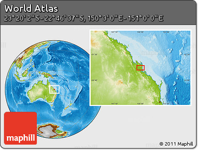 Physical Location Map of the Area around 23° 3' 19" S, 150° 31' 30" E