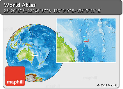 Physical Location Map of the Area around 23° 3' 19" S, 155° 37' 30" E