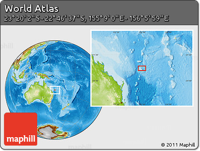 Physical Location Map of the Area around 23° 3' 19" S, 155° 37' 30" E