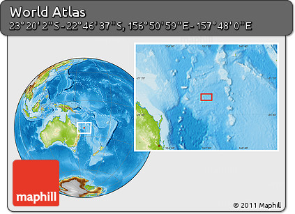 Physical Location Map of the Area around 23° 3' 19" S, 157° 19' 29" E