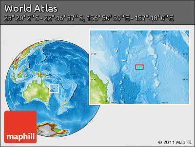 Physical Location Map of the Area around 23° 3' 19" S, 157° 19' 29" E