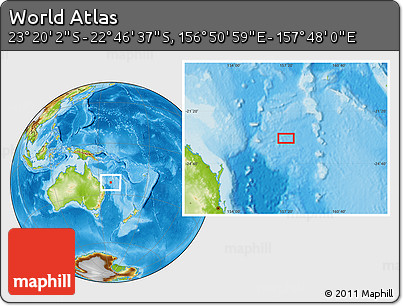 Physical Location Map of the Area around 23° 3' 19" S, 157° 19' 29" E