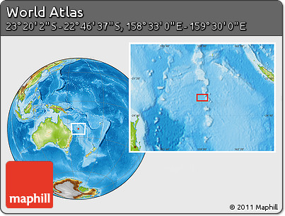 Physical Location Map of the Area around 23° 3' 19" S, 159° 1' 30" E