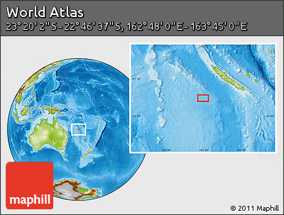 Physical Location Map of the Area around 23° 3' 19" S, 163° 16' 30" E