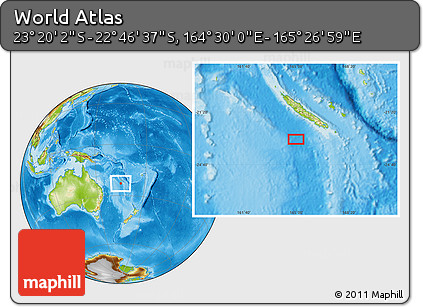 Physical Location Map of the Area around 23° 3' 19" S, 164° 58' 29" E