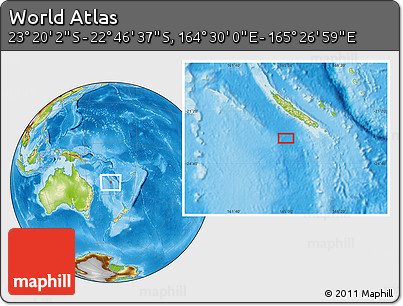 Physical Location Map of the Area around 23° 3' 19" S, 164° 58' 29" E