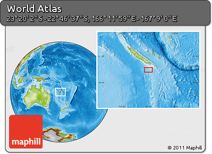 Physical Location Map of the Area around 23° 3' 19" S, 166° 40' 30" E