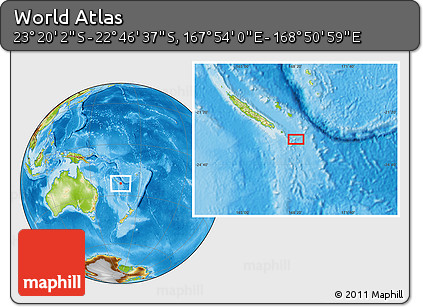 Physical Location Map of the Area around 23° 3' 19" S, 168° 22' 30" E