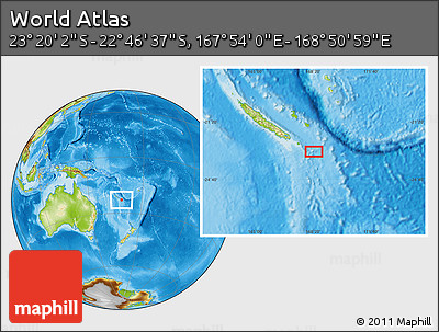 Physical Location Map of the Area around 23° 3' 19" S, 168° 22' 30" E
