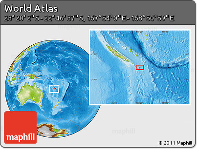 Physical Location Map of the Area around 23° 3' 19" S, 168° 22' 30" E