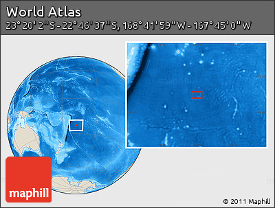 Shaded Relief Location Map of the Area around 23° 3' 19" S, 168° 13' 29" W