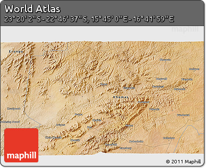 Satellite 3D Map of the Area around 23° 3' 19" S, 16° 13' 30" E