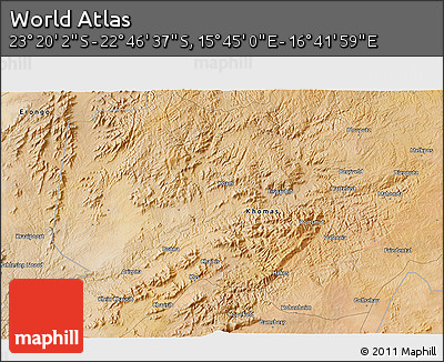 Satellite 3D Map of the Area around 23° 3' 19" S, 16° 13' 30" E