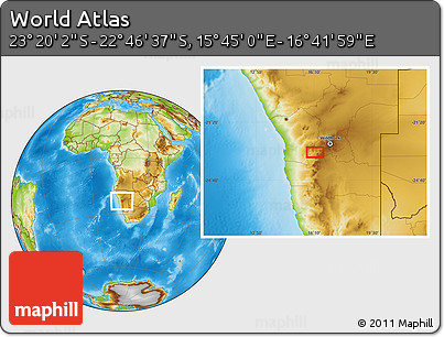 Physical Location Map of the Area around 23° 3' 19" S, 16° 13' 30" E