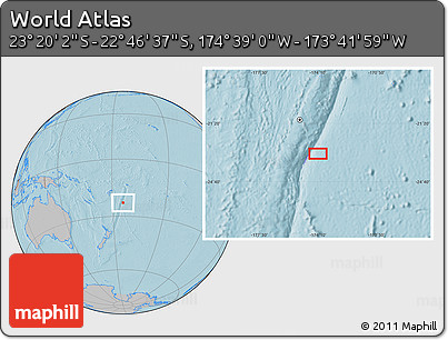 Gray Location Map of the Area around 23° 3' 19" S, 174° 10' 30" W, hill shading