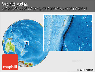 Physical Location Map of the Area around 23° 3' 19" S, 174° 10' 30" W