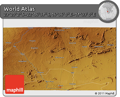 Physical 3D Map of the Area around 23° 3' 19" S, 17° 4' 30" E