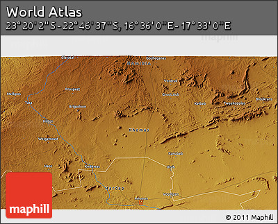 Physical 3D Map of the Area around 23° 3' 19" S, 17° 4' 30" E