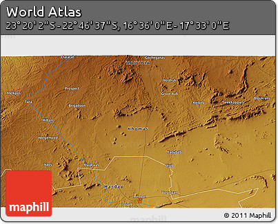 Physical 3D Map of the Area around 23° 3' 19" S, 17° 4' 30" E